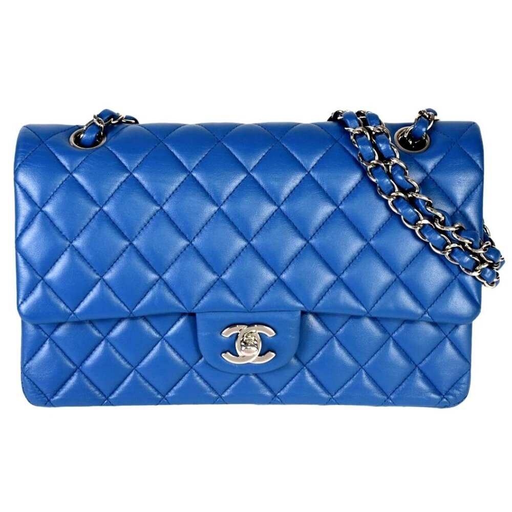 Authentic CHANEL Lambskin Quilted Medium Classic Double Flap Bag 25 Blue Purse
